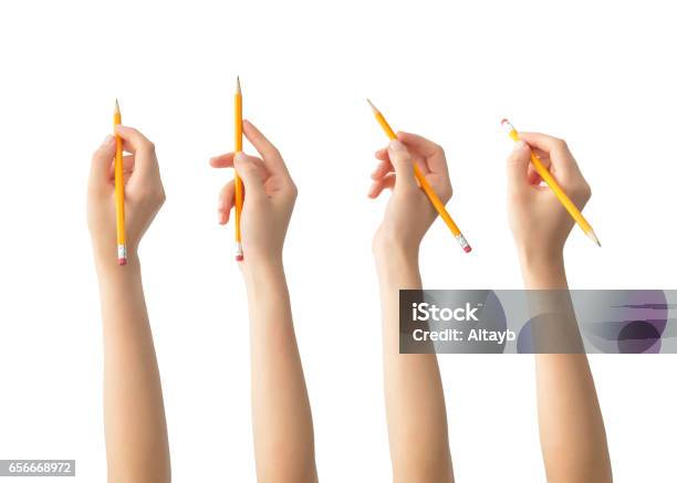 Hands With Pencils Set Isolated Stock Photo - Download Image Now - Pencil, Hand, Human Hand