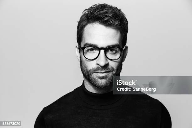 Handsome In Spectacles Stock Photo - Download Image Now - Portrait, Black And White, Eyeglasses