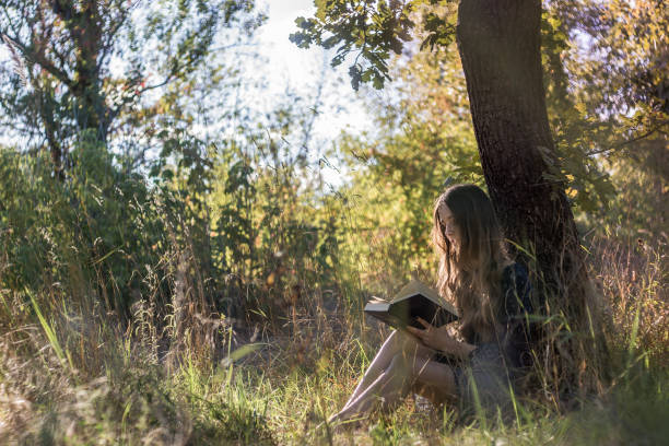 istock Girl reading book in summer forest 656680200