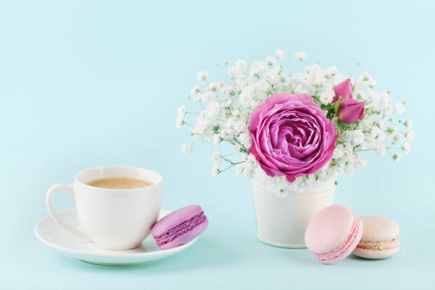 bellissimo fiore di rosa rosa e gypsophilla in vaso, amaretto e tazza di caffè. colazione accogliente. - cake old fashioned gift women foto e immagini stock