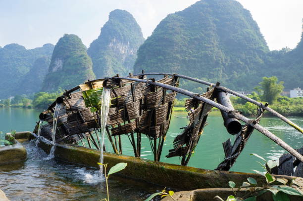 Old wooden water mill in Yangshuo Li river with karst scenery