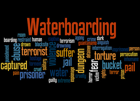Waterboarding, word cloud concept on black background.
