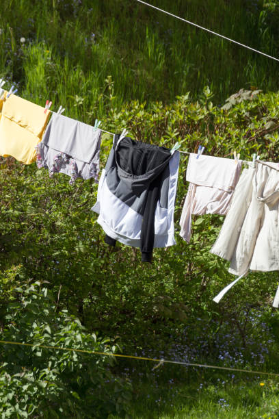 istock Clean laundry hanging to dry on line outdoor 656709952