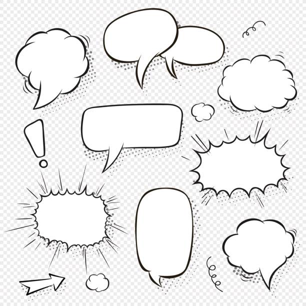 Set of comic speech bubbles and elements with halftone shadows. Cartoon style. Vector illustration in black and white Set of comic speech bubbles and elements with halftone shadows. Cartoon style. Vector illustration in black and white. comic book outline stock illustrations