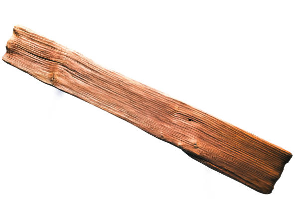 Diagonal signboard of old golden wood isolated over white background. Close-up view