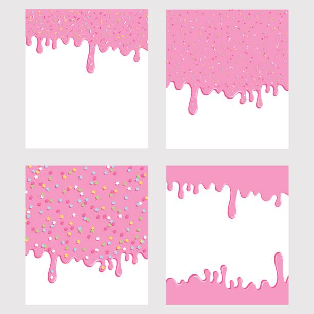 Pink donut glaze background set. Liquid sweet flow, tasty dessert topping with colorful stars and sprinkles. Ice cream drips. Vector illustration.