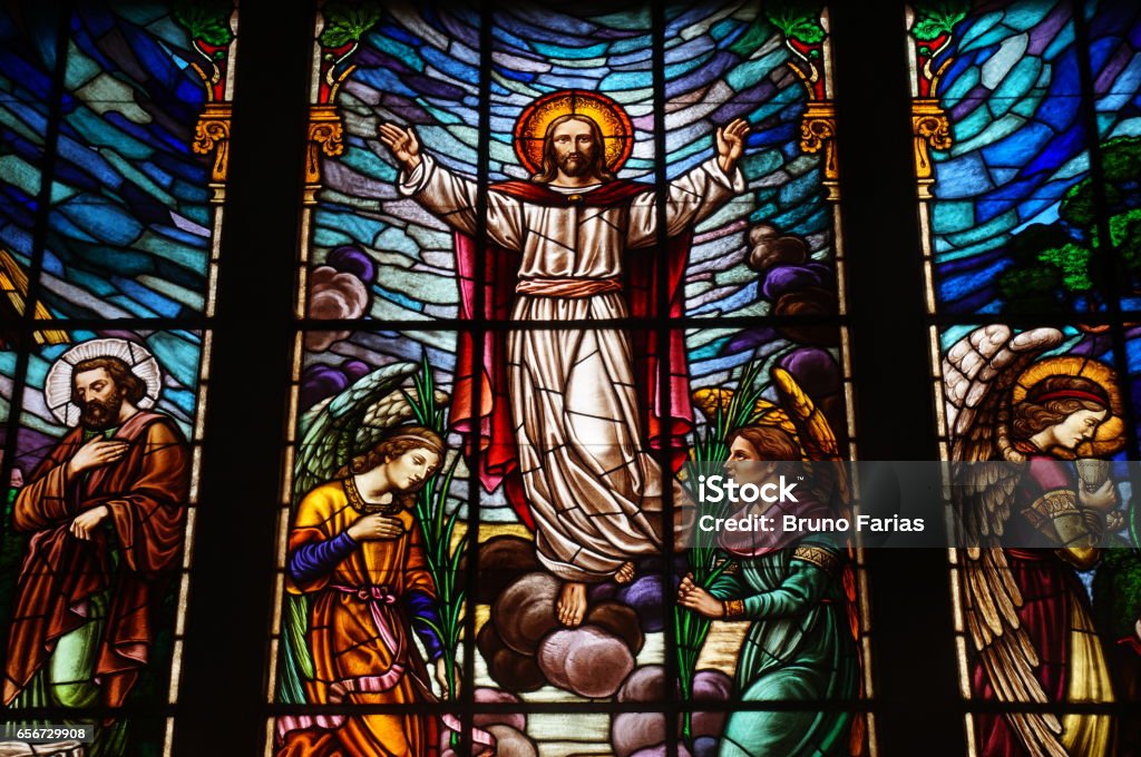 Stained glass of the cathedral Stained glass of the imperial cathedral in Petrópolis, indicating the resurrection of Christ Stained Glass Stock Photo