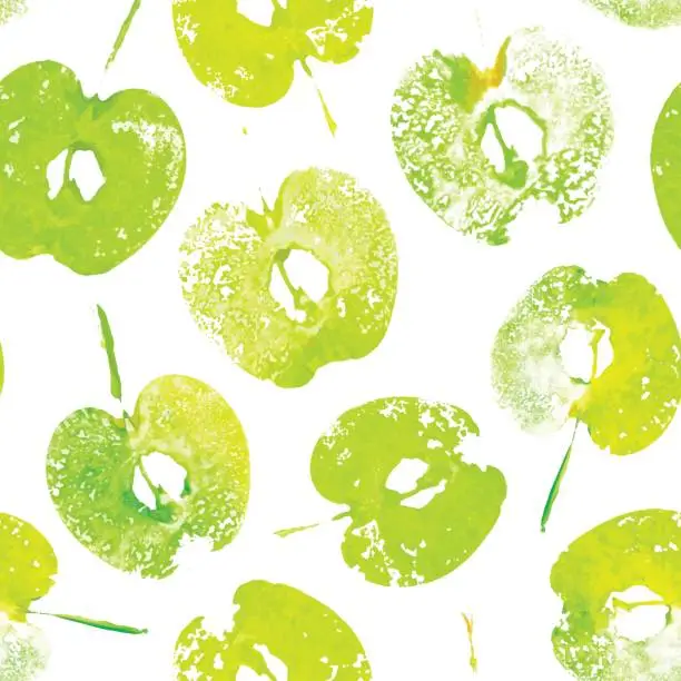 Vector illustration of Green halved apples painted watercolor, textured prints.