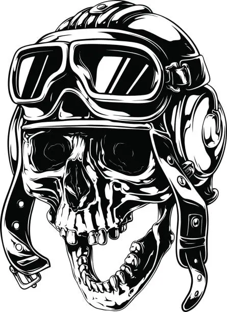 Vector illustration of Graphic detailed old skull in retro pilot helmet