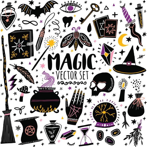 ilustraciones, imágenes clip art, dibujos animados e iconos de stock de vector icono mágico dibujado a mano doodle conjunto - wizard magic broom stick