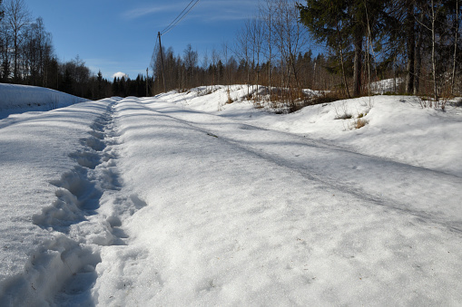 Trace of a human in the snow on a road in the forest, picture from the North of Sweden.