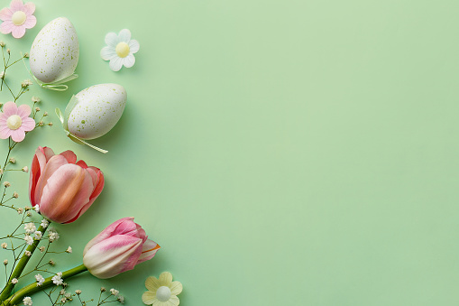 Flat lay Easter green background. Tulips and eggs. Top view, copy space