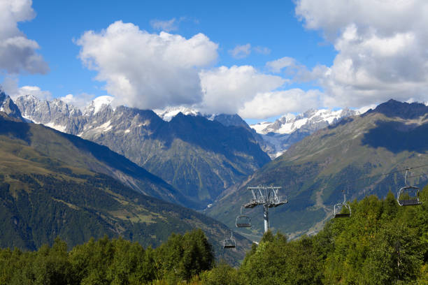 mountain cableway. georgia, svaneti, mestia. - telpher imagens e fotografias de stock