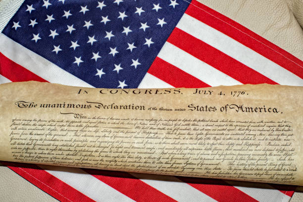 istock Declaration of independence 4th july 1776 on usa flag 656743732