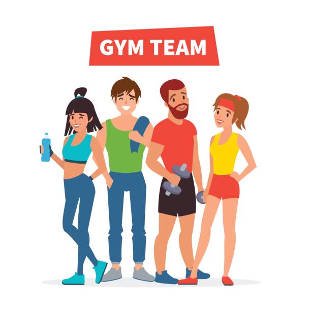 Gym team Group of young fit people.  Gym team. Vector illustration. personal trainer stock illustrations