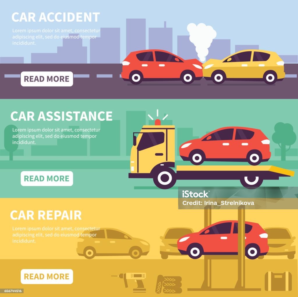 car assistance Banner set about car inuranse, assistance and service. Vector illusrtation. Car Accident stock vector