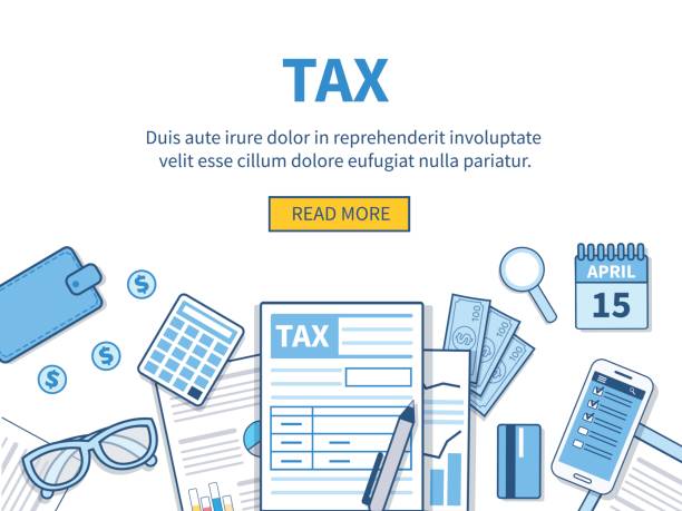 Tax Concept for tax calculation. Business elements set. Vector flat line illustration. tax drawings stock illustrations