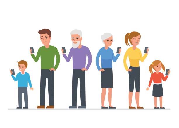 People People of different ages use smartphone. Vector concept illustration. mixed age range stock illustrations