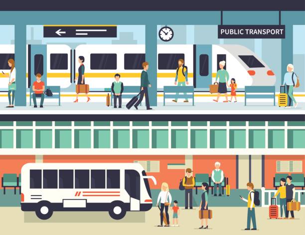 public transport People on railway and bus station. Passengers at bus stop and train platform. Vector concept illustration. Infographic elements. train stations stock illustrations