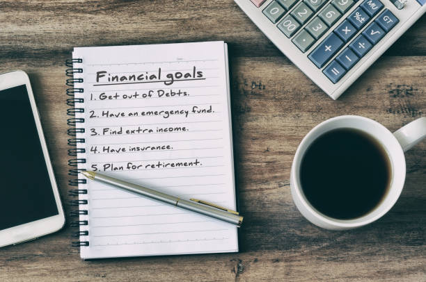 Financial Goal Typed on Note Pad Notepad, coffee, Pen, Eyeglasses, Smart Phone - goal sports equipment stock pictures, royalty-free photos & images