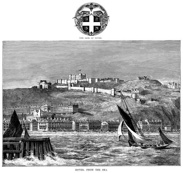 Dover, Kent, from the sea (Victorian engraving) Dover Castle on the cliffs above Dover in Kent, with shipping in the harbour and the town’s coat of arms above the illustration. From “Our Own Country: Descriptive, Historical, Pictorial” published by Cassell & Co Ltd, 1885. north downs stock illustrations