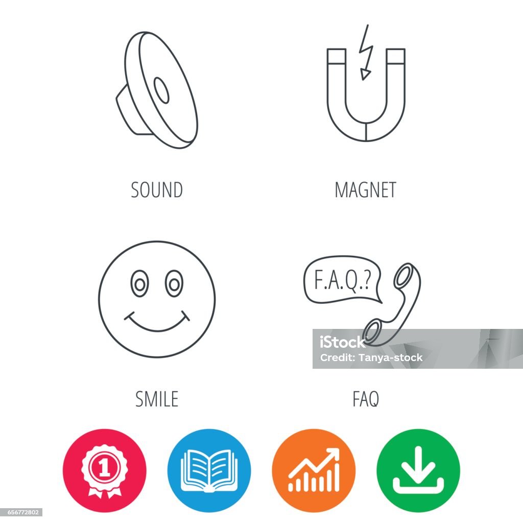 Magnet, smiling face and faq speech bubble icons. Magnet, smiling face and faq speech bubble icons. Sound linear sign. Award medal, growth chart and opened book web icons. Download arrow. Vector Arrow Symbol stock vector