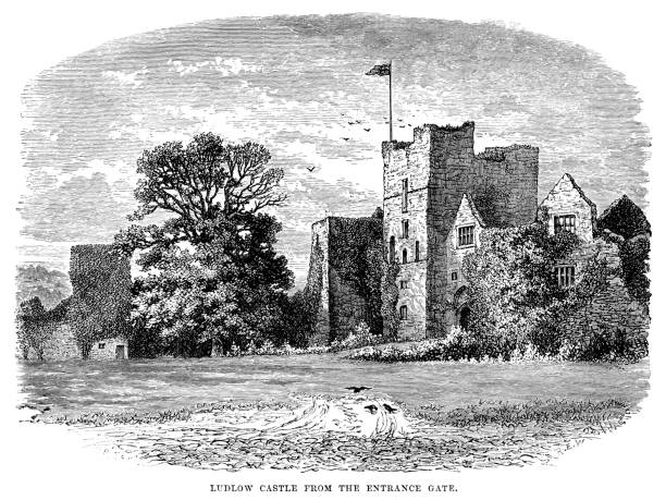Ludlow Castle from the entrance gate (Victorian engraving) Ludlow Castle seen from the entrance gate. Ludlow Castle is a large ruined fortification beside the River Teme which was built in the 11th century with later additions. From “Our Own Country: Descriptive, Historical, Pictorial” published by Cassell & Co Ltd, 1885. ludlow shropshire stock illustrations