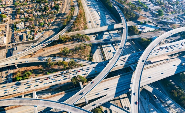istock Aerial view of a freeway intersection in Los Angeles 656783722