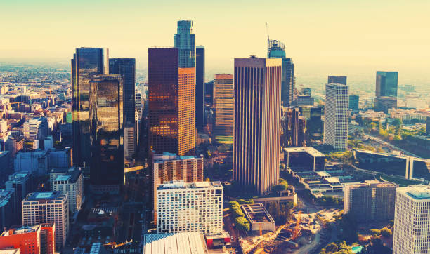 istock Aerial view of a Downtown LA at sunset 656783740