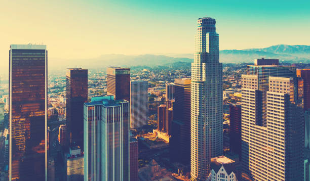 istock Aerial view of a Downtown LA at sunset 656783770