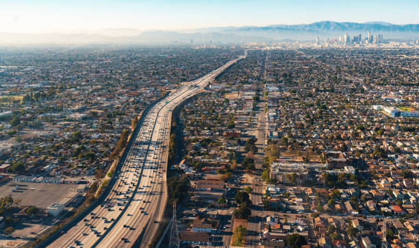 istock Aerial view of a freeway intersection in Los Angeles 656783892