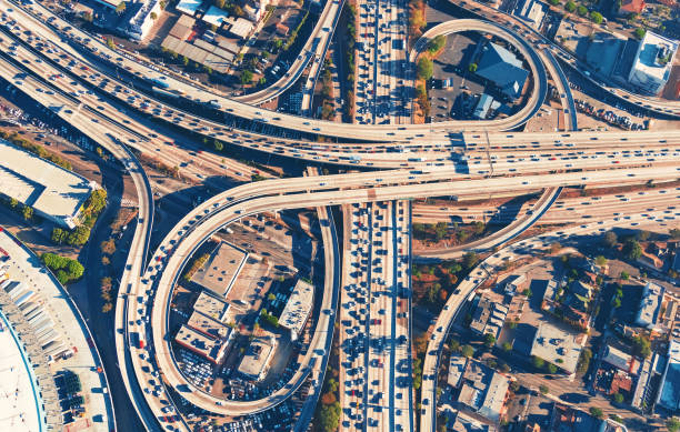 istock Aerial view of a freeway intersection in Los Angeles 656783894