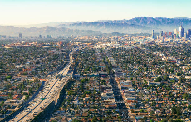 istock Aerial view of a freeway intersection in Los Angeles 656783936