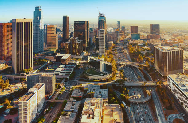 istock Aerial view of a Downtown LA at sunset 656783960