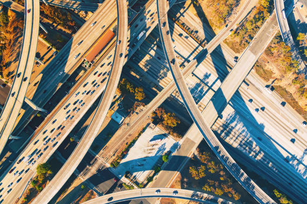 istock Aerial view of a freeway intersection in Los Angeles 656784214