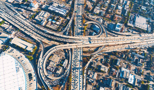 istock Aerial view of a freeway intersection in Los Angeles 656784222