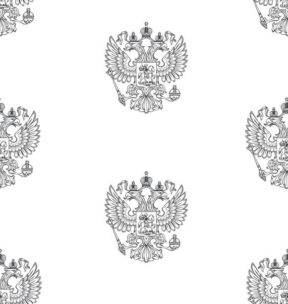 бесшовный узор с русским очерченным гербом - russian culture ornate pattern vector stock illustrations