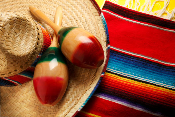 istock Sombrero And Maracas On Multi-Colored Mexican Blanket 656792976