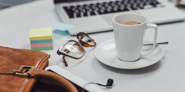 istock Overhead Business Angles still life of office desk 656801086