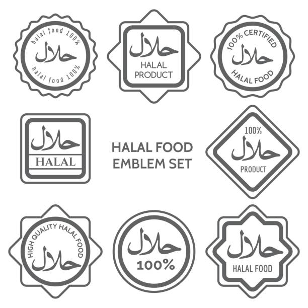 Halal food product labels Halal food product labels. Islamic kosher certified arabic meal emblem templates. Vector illustration kosher logo stock illustrations