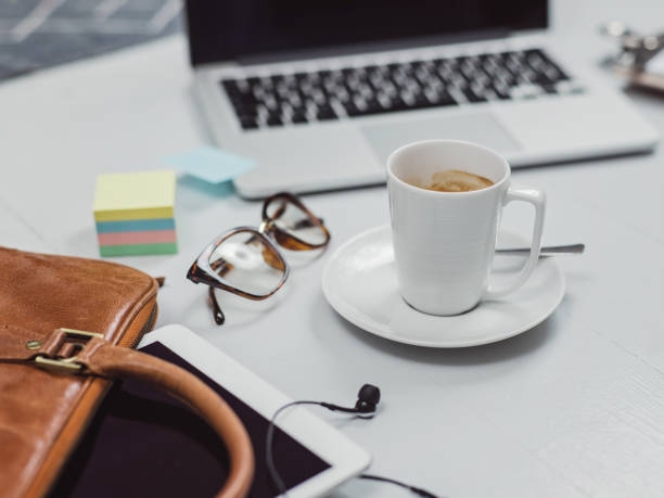 istock Overhead Business Angles still life of office desk 656801206