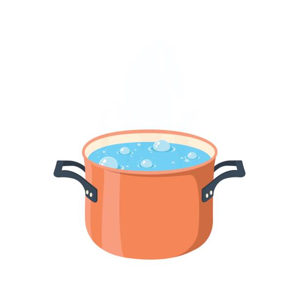Print Boiling water in pan. Red cooking pot on stove with water and steam. Flat design graphic elements. Vector illustration boiled stock illustrations