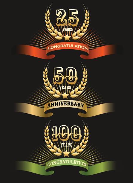 Anniversary golden logo set Anniversary logo set isolated on black background. Golden award years celebration labels vector illustration for corporate invitation cards red crown logo stock illustrations
