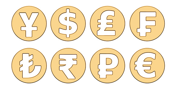golden currency symbols, 3D rendering isolated on white background