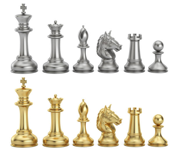 illustrazioni stock, clip art, cartoni animati e icone di tendenza di figure di scacchi in oro e argento in fila, rendering 3d - regina di scacchi