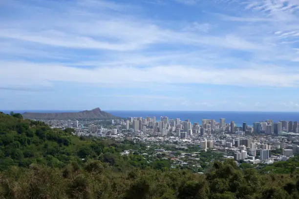 Diamondhead and the city of Honolulu on Oahu on a nice day. the H-1 Visible, seen from Tantalus lookout point.  September 2014.