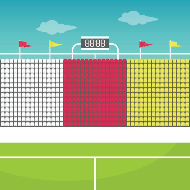 Stadium tribune with flags and scoreboard flat editable vector illustration, clip art scoreboard stadium sport seat stock illustrations