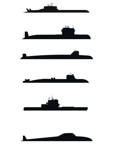 Vector illustration of Six submarine silhouettes