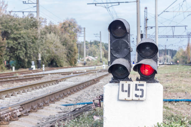 istock Traffic light shows red signal on railway 656822022