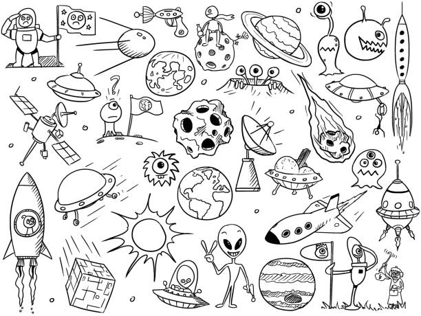 illustrazioni stock, clip art, cartoni animati e icone di tendenza di cartoon vector set di elementi spaziali alieni - alien mystery space military invasion